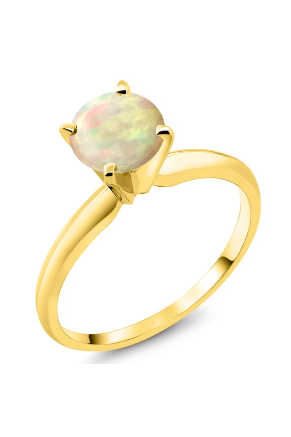 14K Yellow Gold White Ethiopian Opal Solitaire Engagement 4-Prong Ring for Women | 0.56 Cttw | Round 6MM | Gemstone October Birthstone (Size 7)