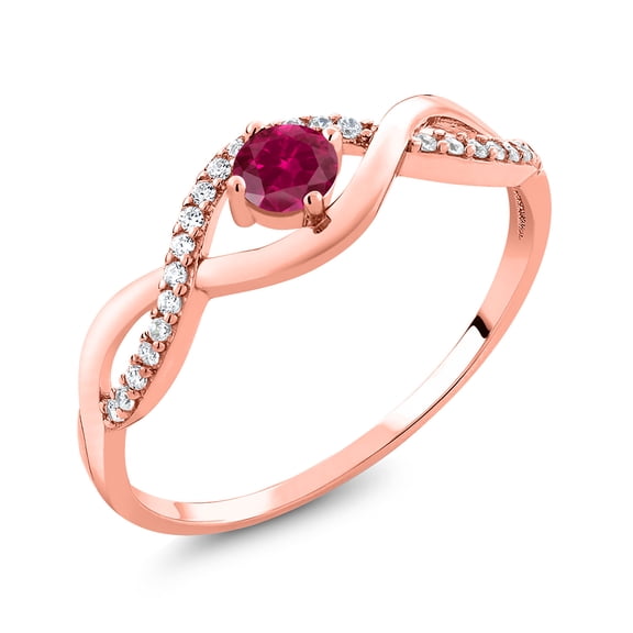 Gem Stone King 0.56 Ct Round Red Created Ruby 18K Rose Gold Plated Silver Ring