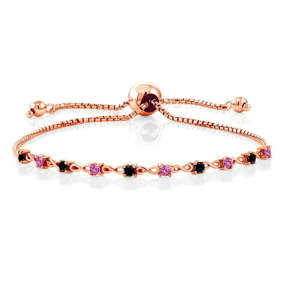 Gem Stone King 0.58 Ct Black Diamond Pink Created Sapphire 18K Rose Gold Plated Silver Bracelet for Women