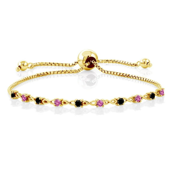 Gem Stone King 0.58 Ct Black Diamond Pink Created Sapphire 18K Yellow Gold Plated Silver Bracelet for Women