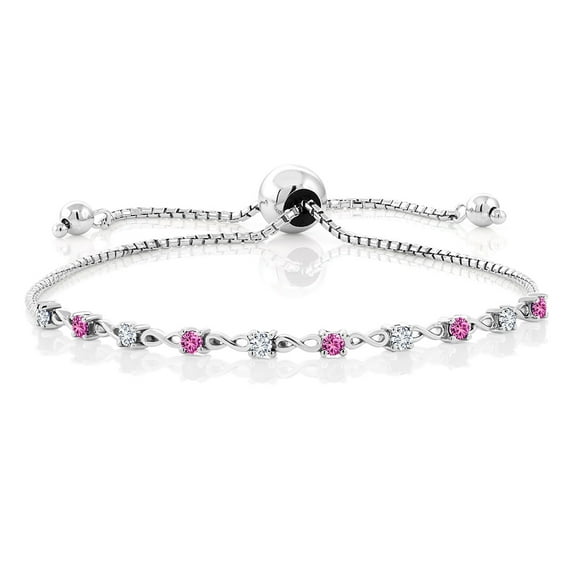 Gem Stone King 0.58 Ct E-F Lab Grown Diamond Pink Created Sapphire 925 Sterling Silver Bracelet for Women