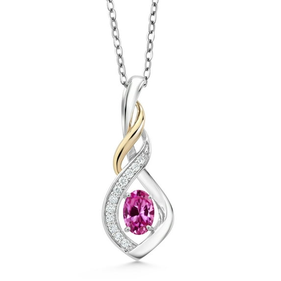 Gem Stone King 0.58 Ct Pink Created Sapphire E-F Lab Grown Diamond 925 Silver and 10K Yellow Gold Spiral Pendant