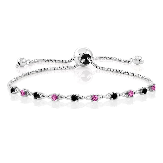 Gem Stone King 0.58 Ct Round Black Diamond Pink Created Sapphire 925 Sterling Silver Bracelet for Women