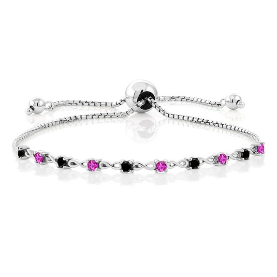 Gem Stone King 0.58 Ct Round Black Diamond Pink Sapphire 925 Sterling Silver Bracelet for Women