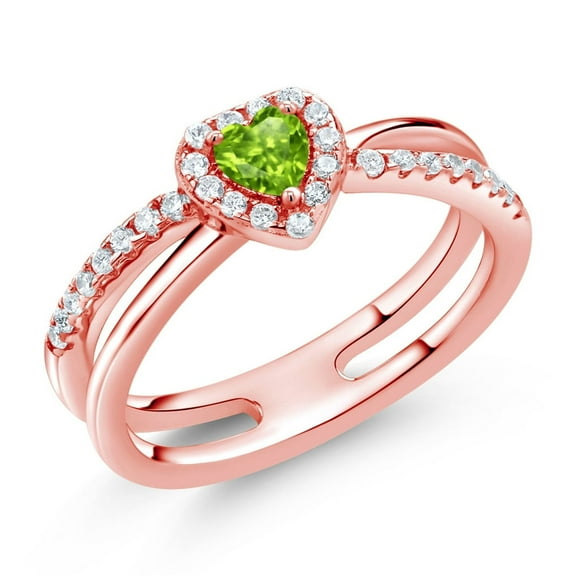 Gem Stone King 0.59 Ct Heart Shape Green Peridot 18K Rose Gold Plated Silver Ring (Size 9)