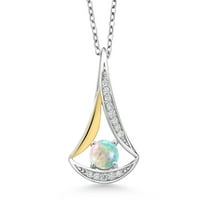 Gem Stone King 0.59 Ct Round Cabochon White Simulated Opal E-F Lab Grown Diamond 925 Silver and 10K Yellow Gold Pendant