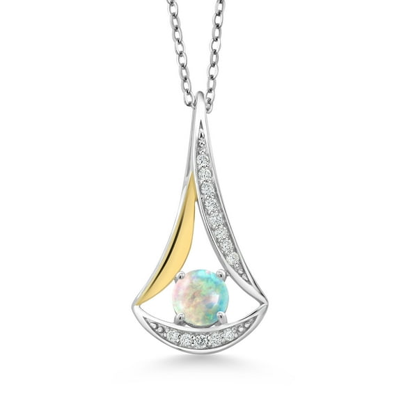 Gem Stone King 0.59 Ct Round Cabochon White Simulated Opal E-F Lab Grown Diamond 925 Silver and 10K Yellow Gold Pendant