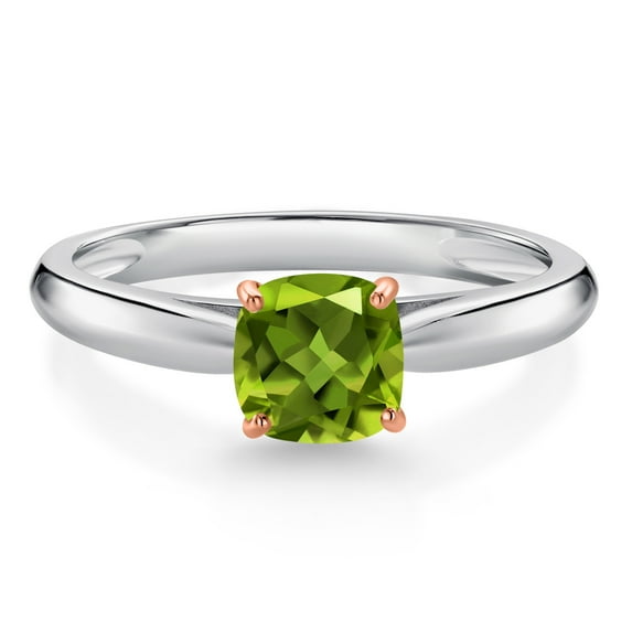 Gem Stone King 0.60 Ct Cushion Green Peridot 925 Sterling Silver Engagement Ring with 10K Rose Gold Prongs