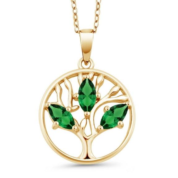 Gem Stone King 0.60 Ct Green Simulated Emerald 18K Yellow Gold Plated Silver Pendant With Chain