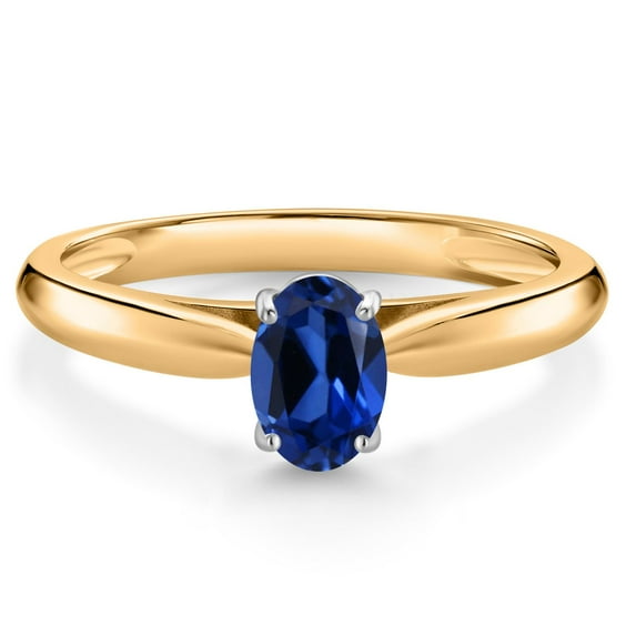 Gem Stone King 0.60 Ct Oval Blue Created Sapphire 10K Yellow and White Gold Solitaire Engagement Ring (Size 6)
