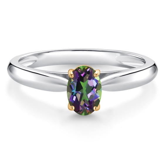 Gem Stone King 0.60 Ct Oval Green Mystic Topaz 10K White and Yellow Gold Solitaire Engagement Ring (Size 5)