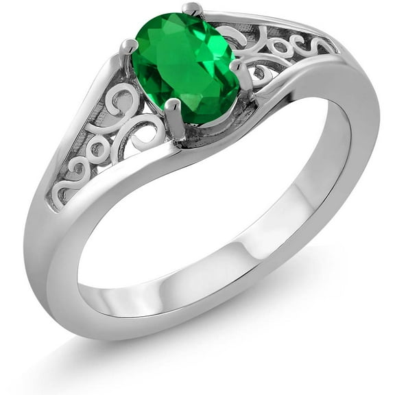 Gem Stone King Oval Green Simulated Nano Emerald 0.60 Ct 925 Sterling Silver Ring (Size 7)