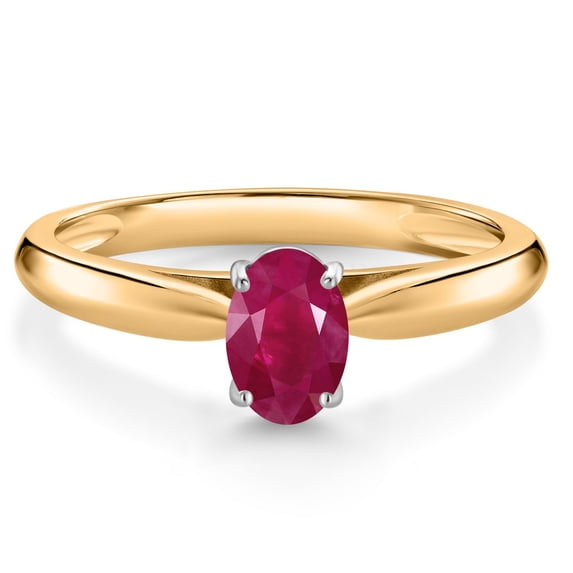 Gem Stone King 0.60 Ct Oval Red Ruby 10K Yellow and White Gold Solitaire Engagement Ring (Size 7)