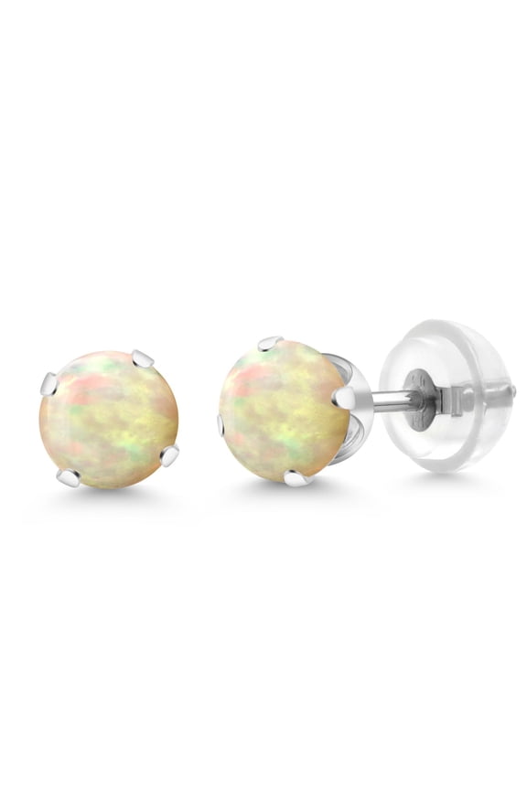 0.60 Ct Round Cabochon 5mm White Ethiopian Opal 14K White Gold Stud Earrings for Women Men
