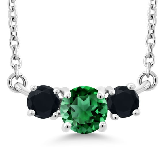 Gem Stone King 0.60 Ct Round Green Nano Emerald Black Onyx 10K White Gold Necklace