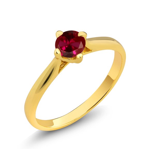 Gem Stone King 0.60 Ct Round Red Created Ruby Brass Yellow Gold Plated Brass Ring for Women (Size 6)