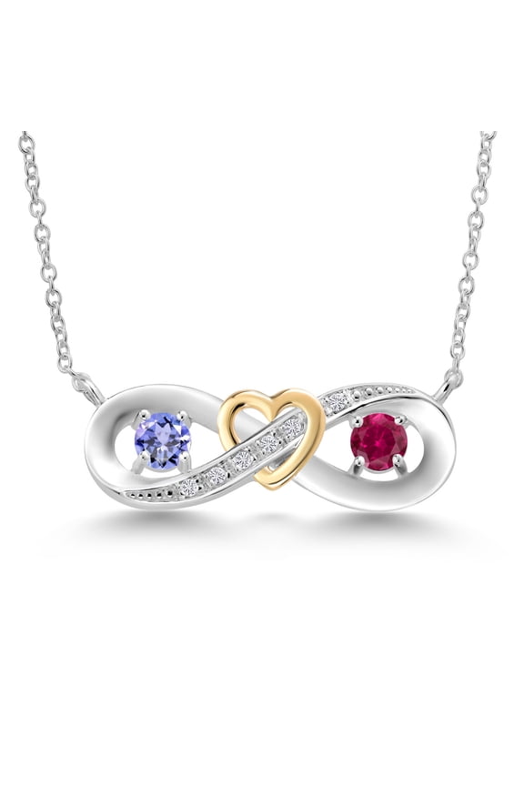 0.61 Ct Blue Tanzanite Red Created Ruby 925 Silver and 10K Yellow Gold Two-Tone Heart Interlocking Infinity Symbol Lab Grown Diamond Pendant Necklace for Women with 18 inch Chain