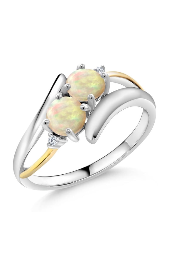 0.62 Ct Round Cabochon White Ethiopian Opal 925 Silver and 10K Yellow Gold Lab Grown Diamond Two Stone Crossover Ring (Size 5)