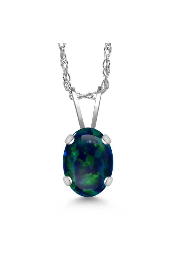 0.63 Ct Oval Cabochon Green Simulated Opal 14K White Gold Pendant with Chain