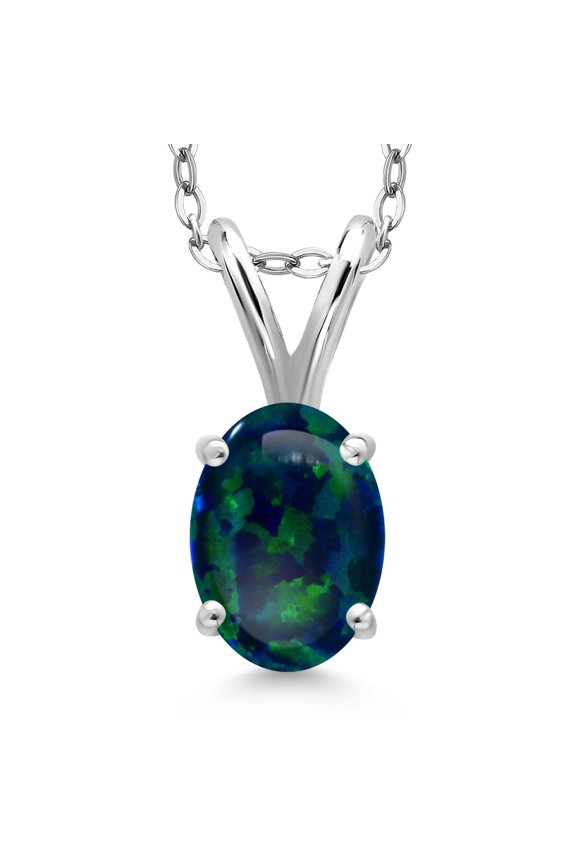 0.63 Ct Oval Cabochon Green Simulated Opal 925 Sterling Silver Pendant with Chain