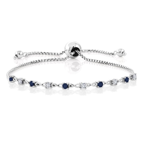 Gem Stone King 0.63 Ct Round Blue Sapphire E-F Lab Grown Diamond 925 Sterling Silver Bracelet for Women