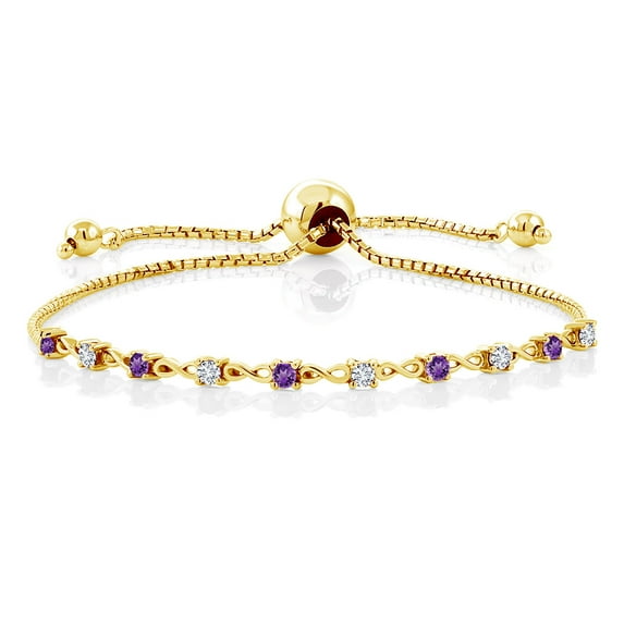 Gem Stone King 0.63 Ct Round Purple Amethyst White Diamond 18K Yellow Gold Plated Silver Bracelet for Women