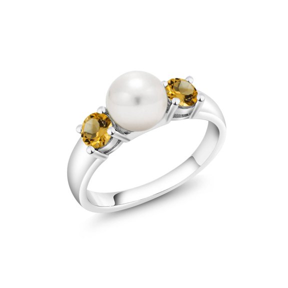 Gem Stone King 925 Sterling Silver Freshwater Pearl and Yellow Citrine Ring for Women (0.64 Cttw, Gemstone November Birthstone, Size 7)