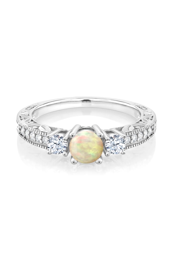 0.65 Ct Cabochon White Ethiopian Opal 925 Sterling Silver 3-Stone Engagement Ring (Size 7)