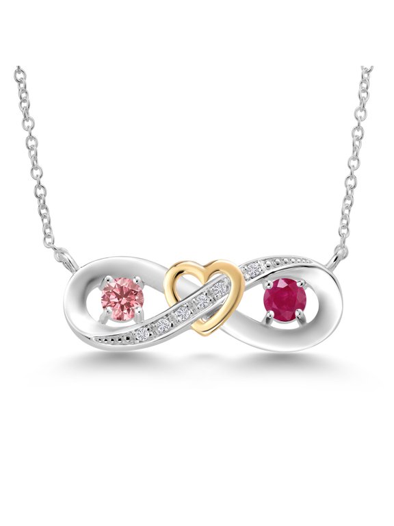 0.66 Ct Pink Lab Grown Diamond Red Ruby 925 Silver and 10K Yellow Gold Two-Tone Heart Interlocking Infinity Symbol Pendant Necklace for Women with 18 inch Chain