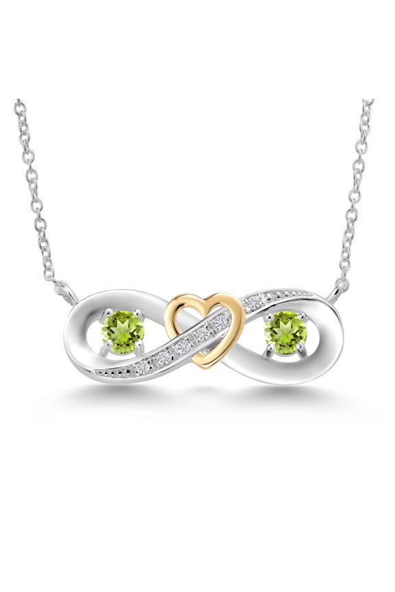 0.66 Ct Round Green Peridot 925 Silver and 10K Yellow Gold Two-Tone Heart Interlocking Infinity Symbol Lab Grown Diamond Pendant Necklace for Women with 18 inch Chain