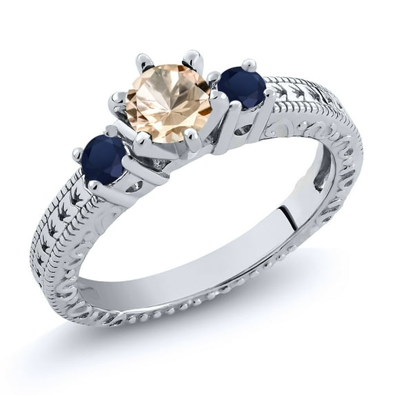Gem Stone King 0.66 Ct Round Peach Morganite Blue Sapphire 925 Sterling Silver Ring (Size 5)