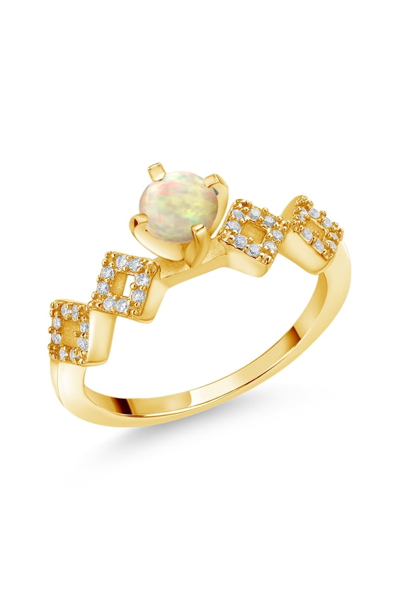 0.68 Ct Round Cabochon White Ethiopian Opal 18K Yellow Gold Plated Silver Ring (Size 7)