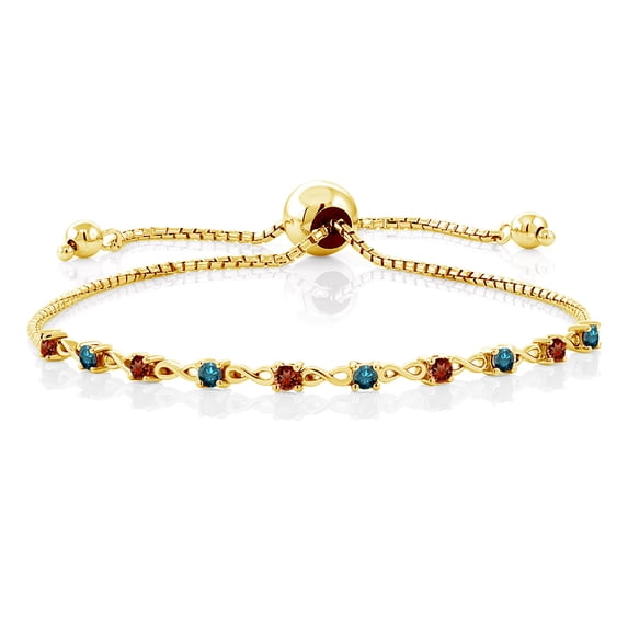 Gem Stone King 0.68 Ct Round Red Garnet Blue Diamond 18K Yellow Gold Plated Silver Bracelet for Women