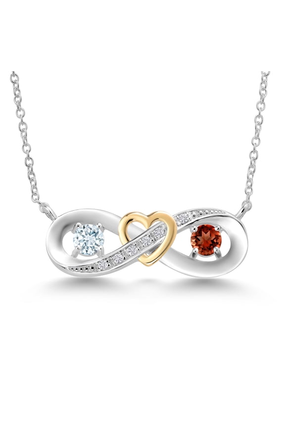 0.68 Ct Sky Blue Aquamarine Red Garnet 925 Silver and 10K Yellow Gold Two-Tone Heart Interlocking Infinity Symbol Lab Grown Diamond Pendant Necklace for Women with 18 inch Chain