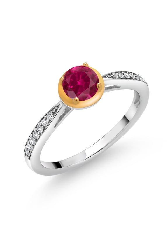 0.70 Ct Red Created Ruby G/H Lab Grown Diamond 925 Silver and 10K Yellow Gold Ring (Size 5)