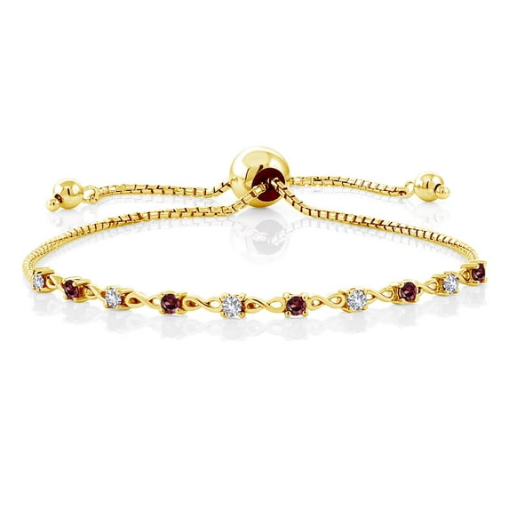 Gem Stone King 0.70 Ct White Created Sapphire Red Rhodolite Garnet 18K Yellow Gold Plated Silver Bracelet for Women