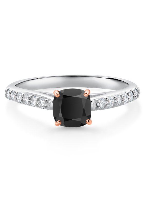 0.71 Ct Black Onyx G/H Lab Grown Diamond 10K White Gold Engagement Ring with Rose Gold Prongs (Size 7)