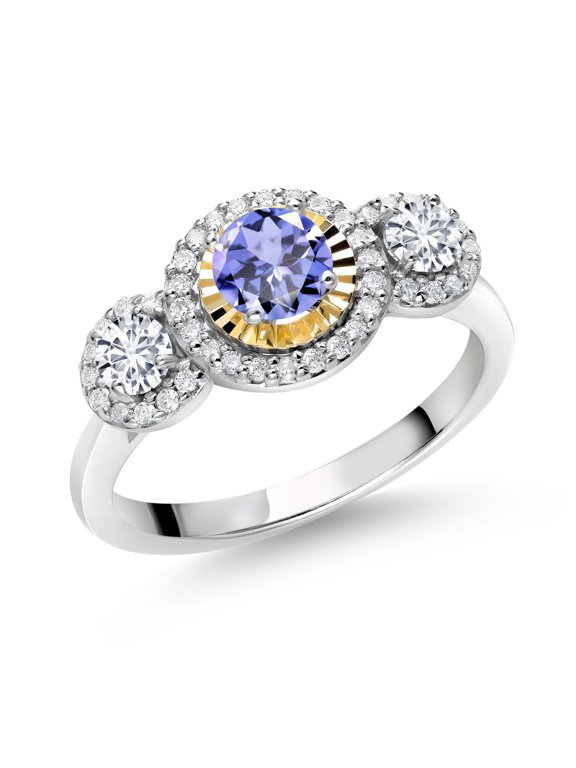 0.71 Ct Blue Tanzanite E-F Lab Grown Diamond 925 Silver and 10K Yellow Gold 3 Stone Women's Ring (Size 7)