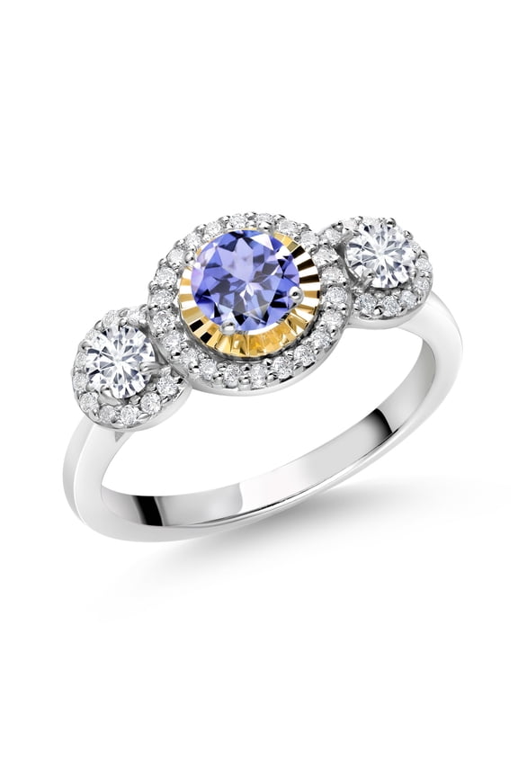 0.71 Ct Blue Tanzanite E-F Lab Grown Diamond 925 Silver and 10K Yellow Gold 3 Stone Women's Ring (Size 5)