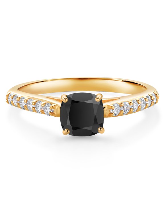0.71 Ct Cushion Black Onyx G/H Lab Grown Diamond 10K Yellow Gold Engagement Ring (Size 5)