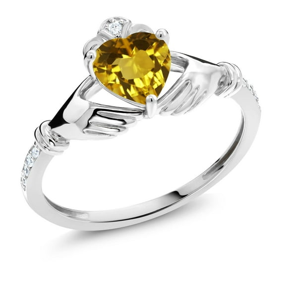 Gem Stone King 0.71 Ct Heart Shape Yellow Citrine White Diamond 10K White Gold Irish Celtic Claddagh Ring