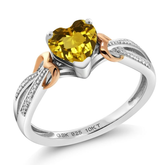 Gem Stone King 0.71 Ct Heart Shape Yellow Citrine in 925 Silver and 10K Rose Gold Diamond Ring