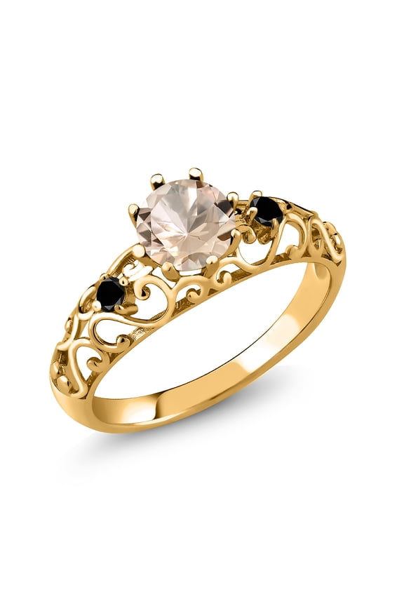 0.71 Ct Round Peach Morganite Black Diamond 18K Yellow Gold Plated Silver Ring (Size 6)