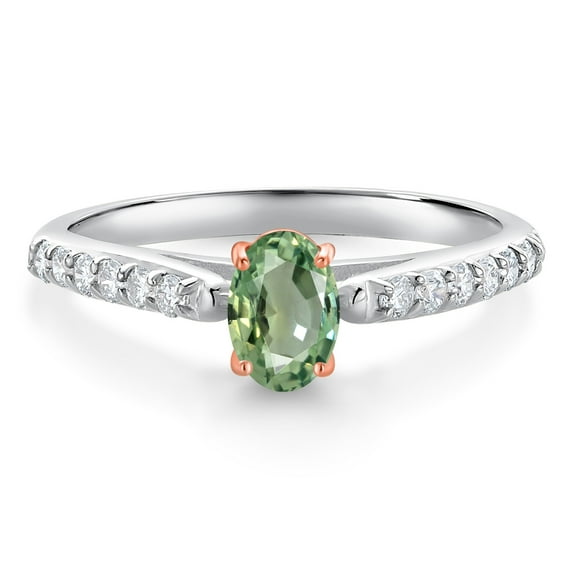 Gem Stone King 0.73 Ct Green Sapphire G/H Lab Grown Diamond 10K White and Rose Gold Engagement Ring