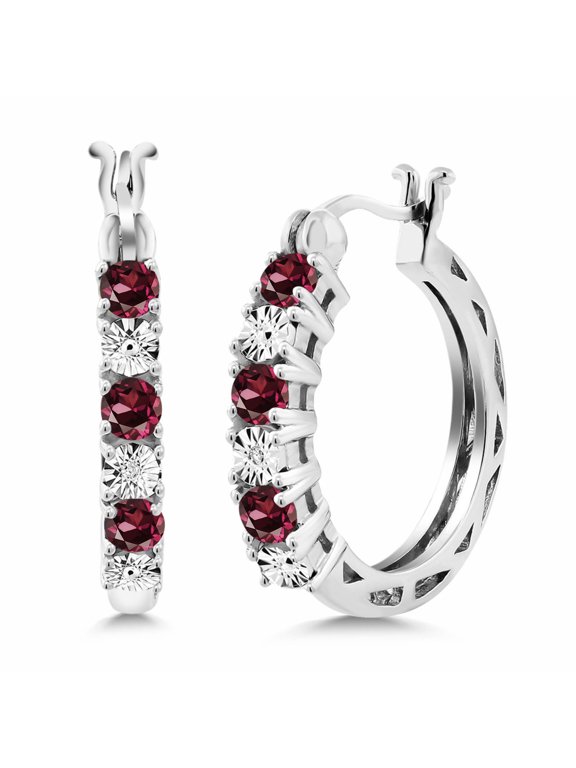 0.73 Ct Red Rhodolite Garnet E-F Lab Grown Diamond 925 Sterling Silver Earrings