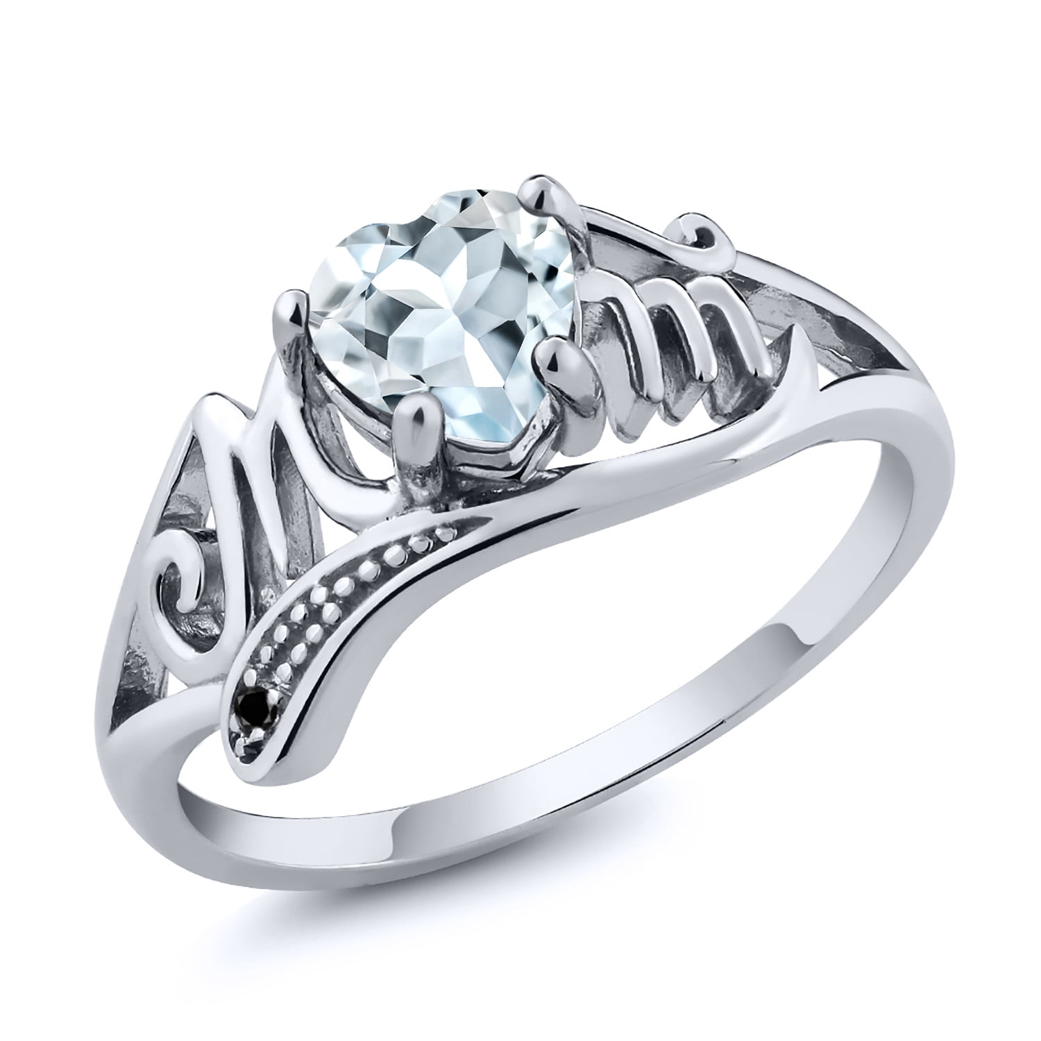 Gem Stone King 0.74 Ct Heart Shape Sky Blue Aquamarine Black Diamond 925 Sterling Silver Ring