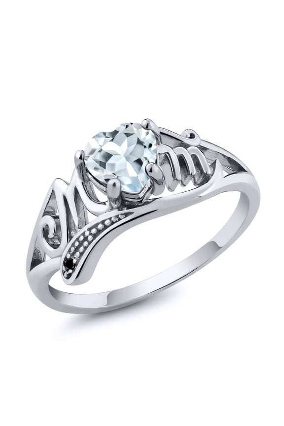 0.74 Ct Heart Shape Sky Blue Aquamarine Black Diamond 925 Sterling Silver Ring