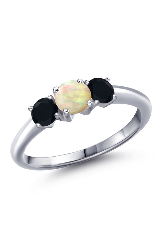 925 Sterling Silver White Ethiopian Opal and Black Onyx Engagement Ring for Women | 0.74 Cttw | Round Cabochon 5MM | Gemstone October Birthstone | Size 7