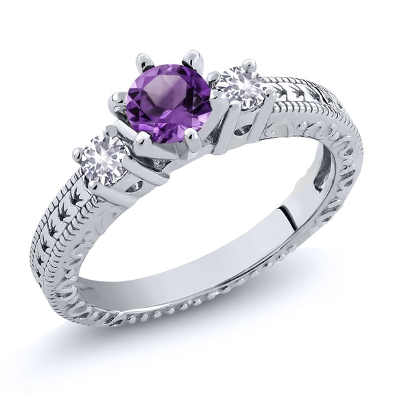 Gem Stone King 0.74 Ct Round Purple Amethyst White Created Sapphire 925 Sterling Silver Ring (Size 6)