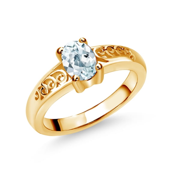 Gem Stone King 0.75 Ct Oval Sky Blue Aquamarine 18K Yellow Gold Plated Silver Ring